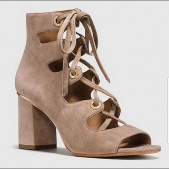 Coach‎ Priscilla Tan Lux Suede Lace Up Sandal Heels - Picture 1 of 9